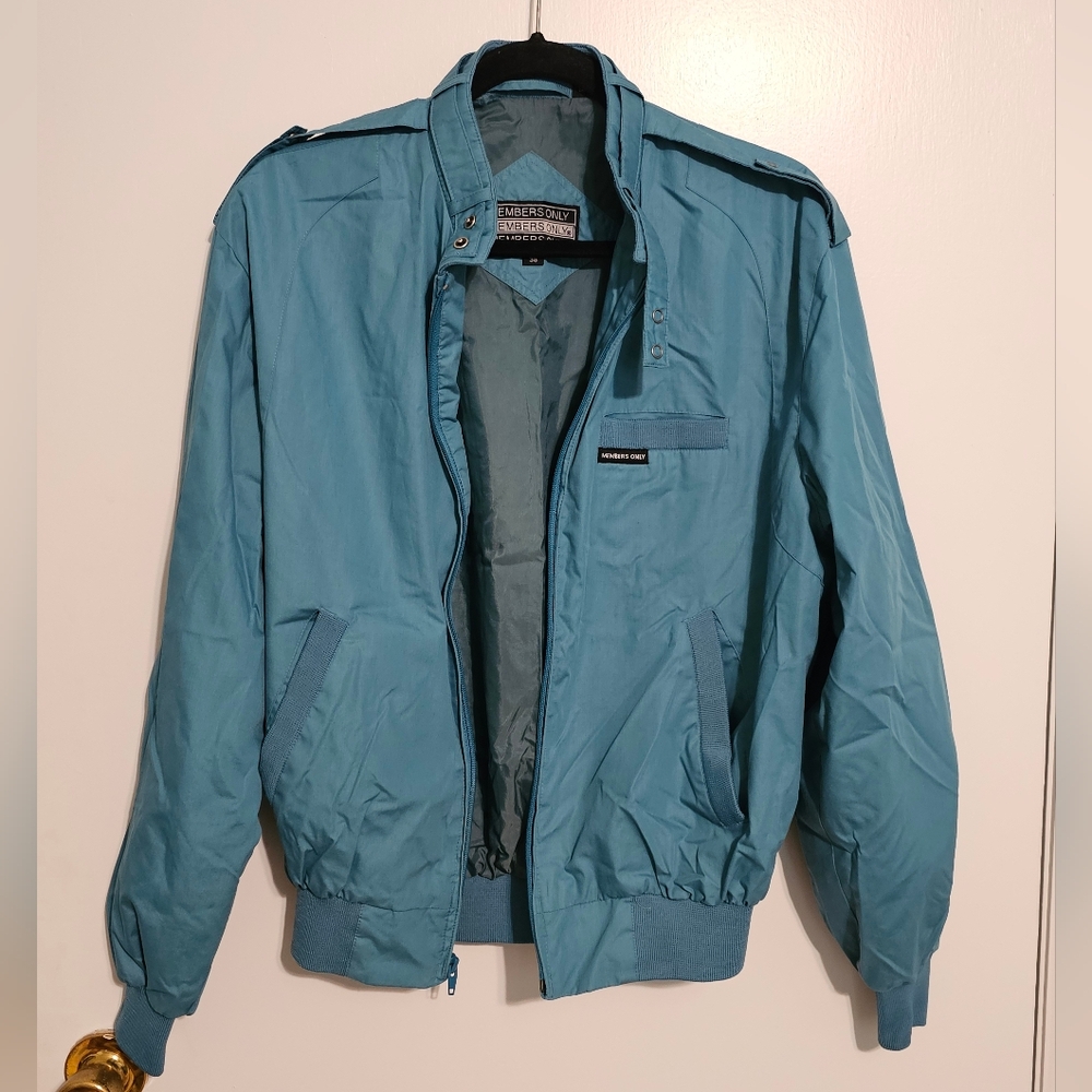 Members Only Teal Windbreaker with Stand-Up Collar